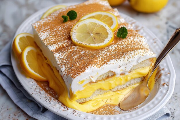 Tortilla de tiramisu con crema de limón en rodajas en el plato