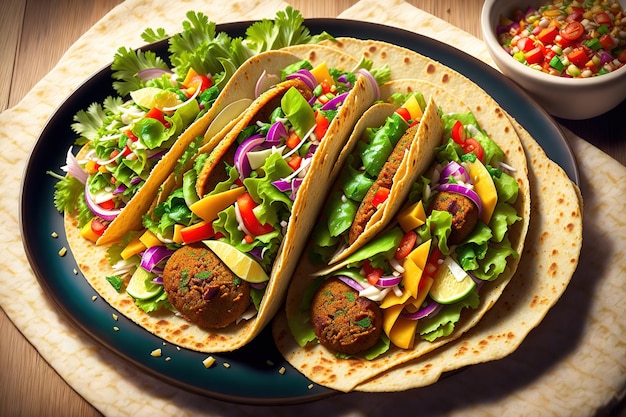 Tortilla-Wrap mit Falafel und frischem Salat Vegane Tacos Vegetarische gesunde Ernährung