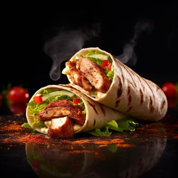 Tortilla-Wrap mit Hühnerfleisch und Gemüse auf schwarzem Hintergrund