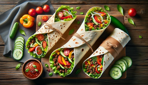 Tortilla-Wrap-Sandwiches mit frischem Gemüse und Hackfleisch