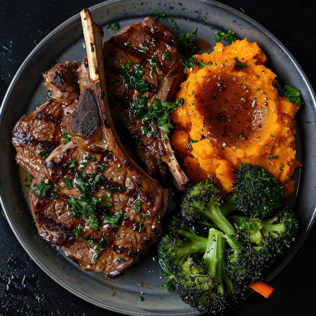 Foto tortillas de cordero asadas con un lado de puré de patata dulce y verduras al vapor