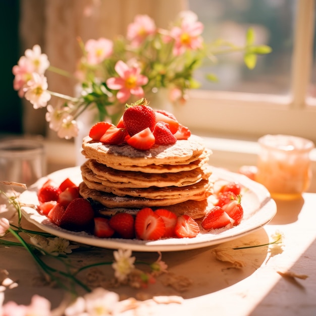 Tortitas de avena con fresas encima