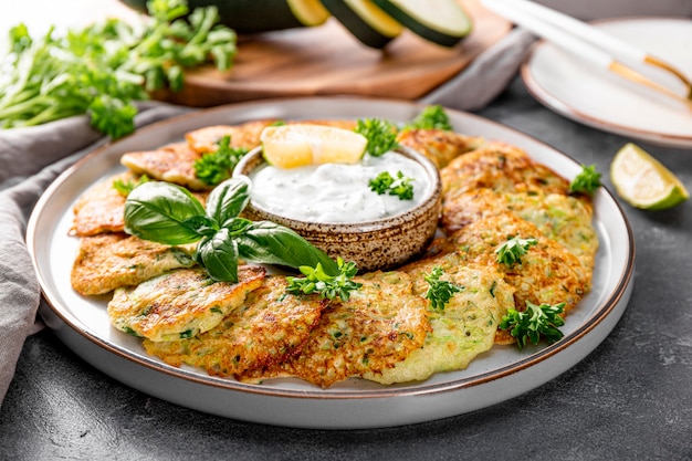 Tortitas de calabacín con hierbas y crema agria en un plato plato vegetariano closeup