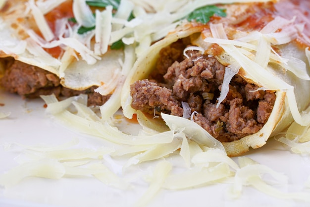 Tortitas con carne, en salsa de tomate y queso, con cilantro y queso rallado por encima.