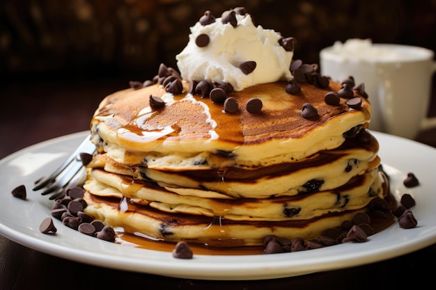 Tortitas con chispas de chocolate hechas en casa con crema batida