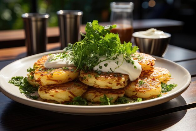 Tortitas doradas con crema de ajo generativa IA