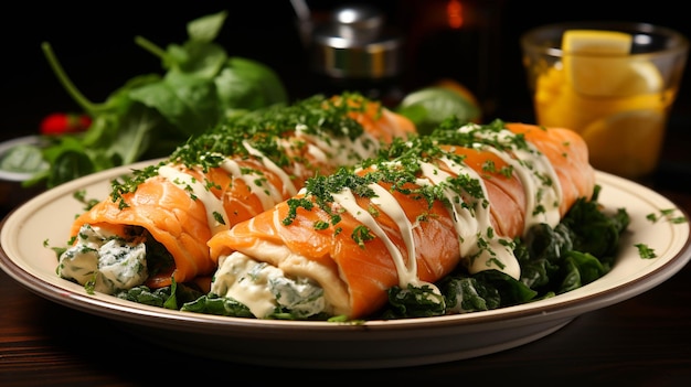 Tortitas de espinacas con salmón y crema en un plato sobre fondo verde