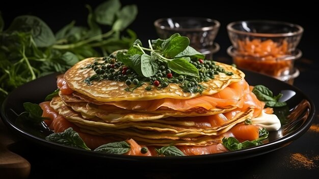 Tortitas fusión únicas con trucha salada y hojas de albahaca en un plato de cerámica