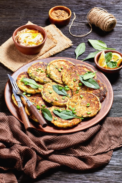 Tortitas de garbanzos y espinacas en un plato de arcilla sobre una mesa de madera oscura con hummus en un tazón pequeño