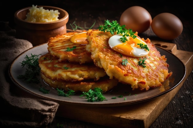 Tortitas de patata dorada crujiente con chuletas de carne queso y huevo