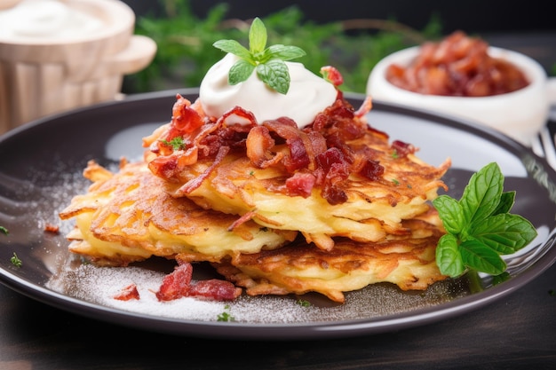 Tortitas de patata draniki con tocino y crema agria Plato tradicional eslavo