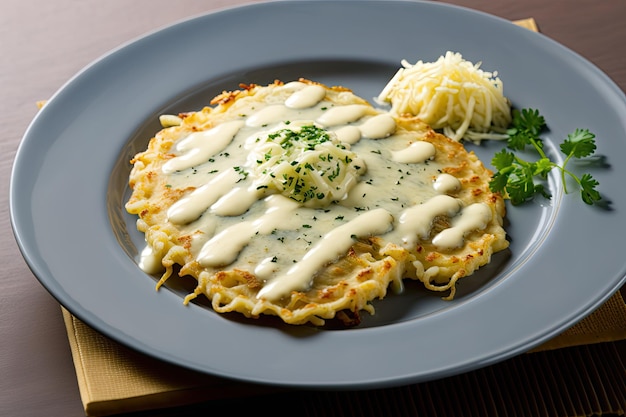 Tortitas de patata frita con salsa blanca y queso rallado