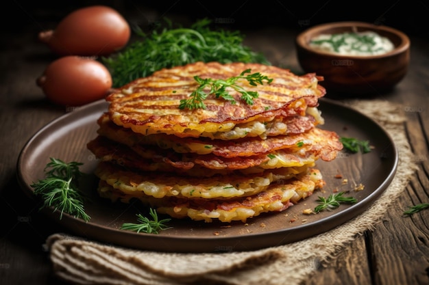 Tortitas de patata fritas estrechas con cebolla de salchicha en rodajas y hierbas