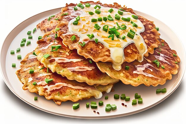 Tortitas de patata en gran porción fritas y cubiertas con queso tocino y cebollas verdes