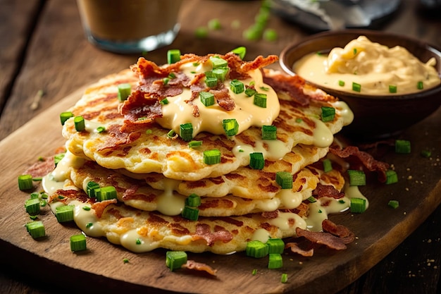 Tortitas de patata en gran porción fritas y cubiertas con queso tocino y cebollas verdes