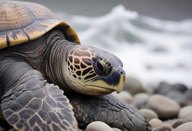 Foto una tortuga está acostada en una pila de rocas