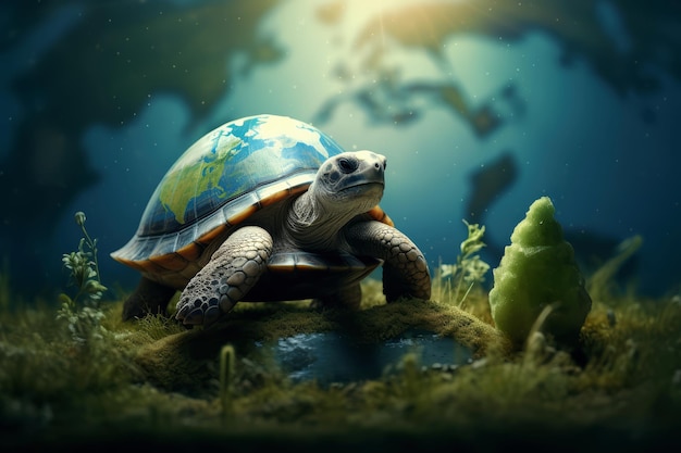 tortuga en el agua con un mapa del mundo en la parte superior