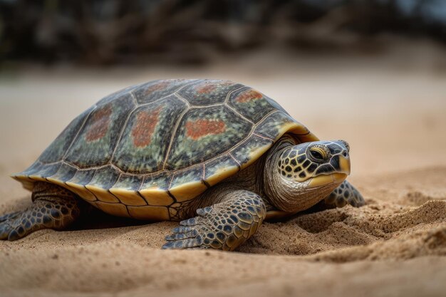 Tortuga anciana en la playa con conchas y algas generativas IA