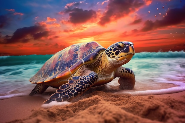 Tortuga en una arena con nube naranja