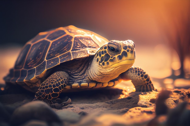 Una tortuga en la arena bajo el sol.