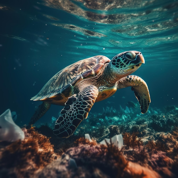 tortuga con basura plástica en el mar azul