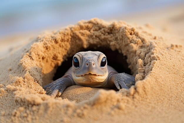 la tortuga bebé está eclosionando en la arena
