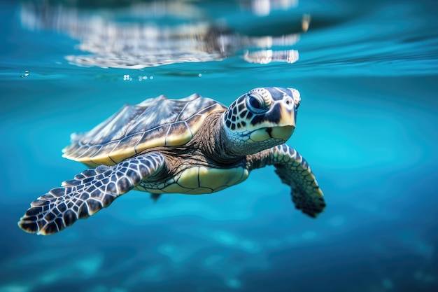 Tortuga bebé nadando en el océano azul claro en su camino hacia la libertad creada con IA generativa