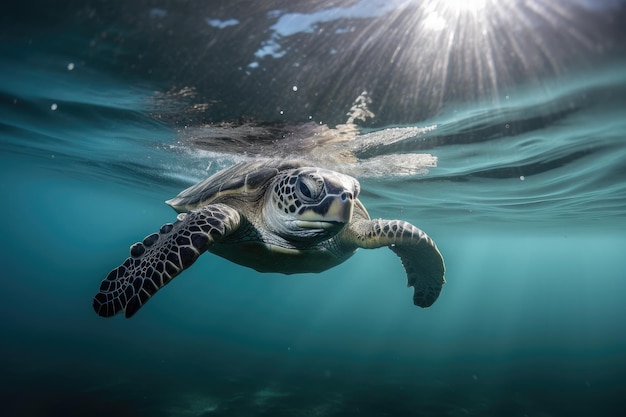 Tortuga bebé nadando en el océano rodeada de olas y luz solar creada con IA generativa