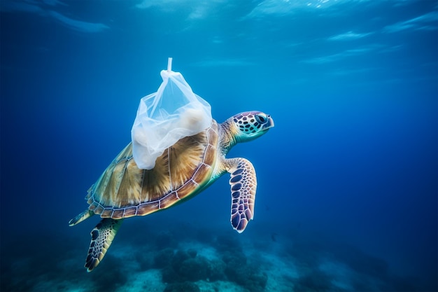 Una tortuga con una bolsa en la boca nada en el océano