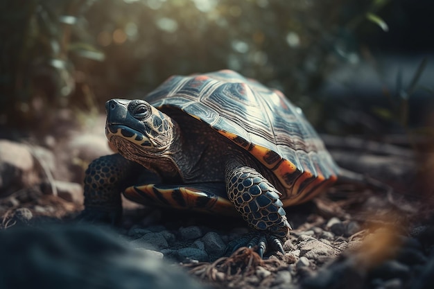 Una tortuga en el bosque con un fondo borroso