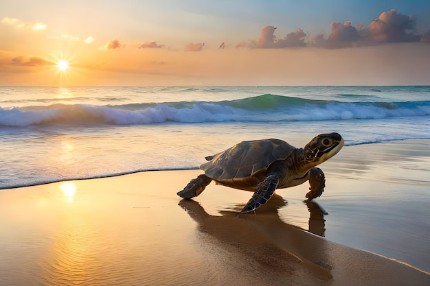 Foto una tortuga camina por la playa al atardecer.