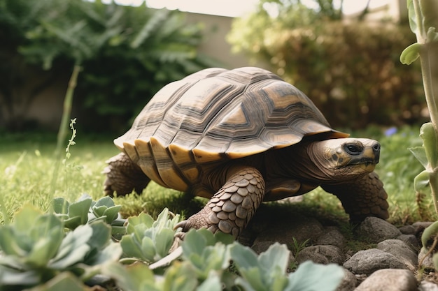 Una tortuga caminando en un garde