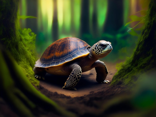 Una tortuga caminando por un sendero rodeado de árboles.