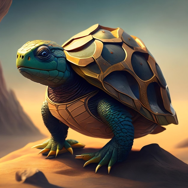 Una tortuga con un caparazón dorado en la cabeza se encuentra en un paisaje desértico.