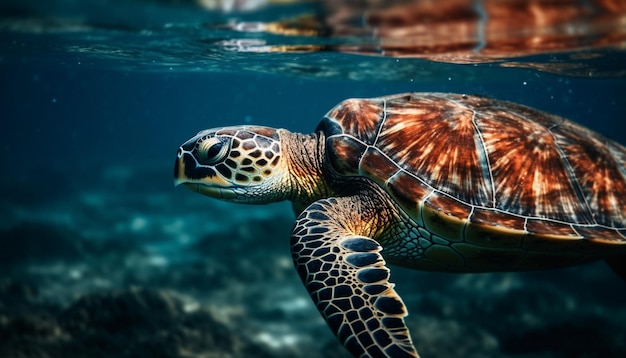 Foto tortuga carey de movimiento lento se desliza a través de un arrecife tropical generado por ia
