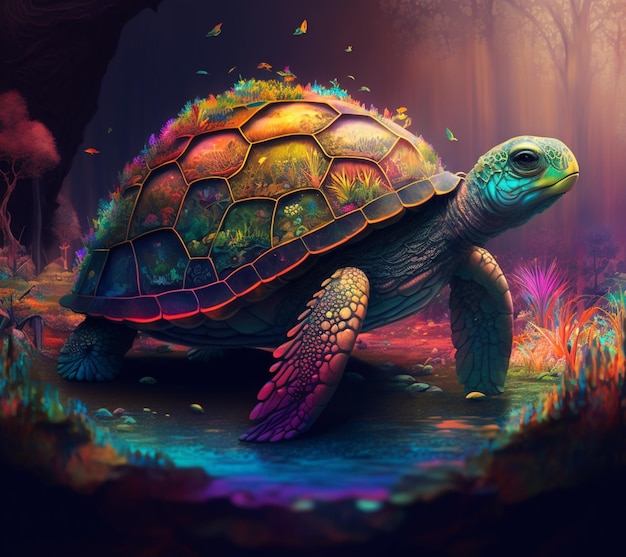 tortuga de colores brillantes en un bosque con una corriente de agua generativa ai