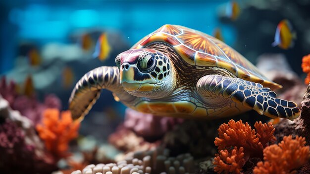 tortuga con coloridos peces tropicales y animales marinos en el arrecife de coral