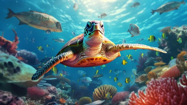 Foto tortuga con coloridos peces tropicales y animales vida marina en los arrecifes de coral animales del subacuático