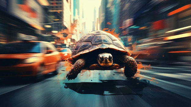 Foto tortuga corriendo extremadamente rápido en una concurrida calle de la ciudad