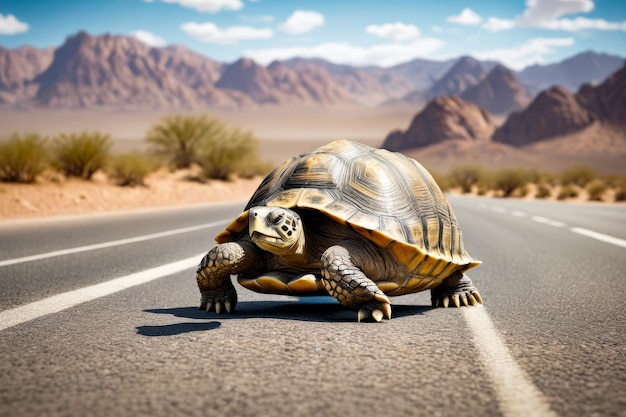 Tortuga cruzando una carretera del desierto con montañas en el fondo