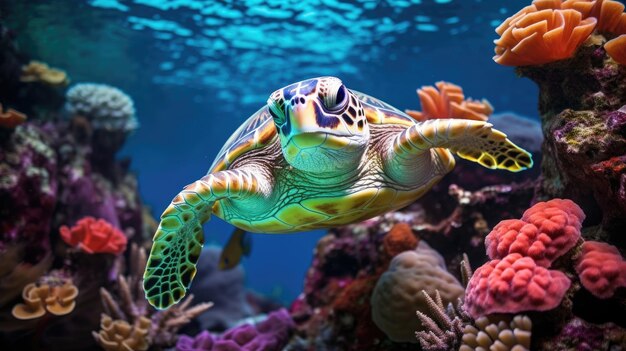 Una tortuga curiosa que asoma desde detrás de un racimo de corales de colores