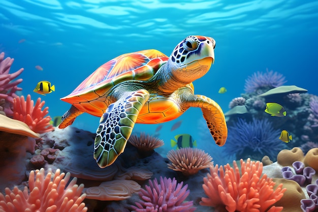 tortuga descansando pacíficamente sobre un lecho de coral con un pez curioso mirando desde detrás de un coral