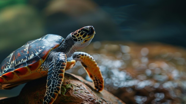 La tortuga descansando en la roca