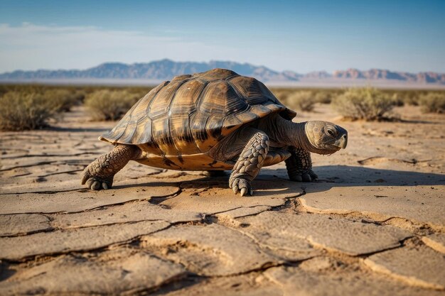 Foto tortuga del desierto en un paisaje arenoso con rocas