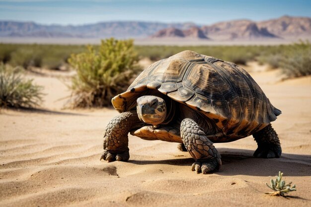 Foto tortuga del desierto en un paisaje arenoso con rocas