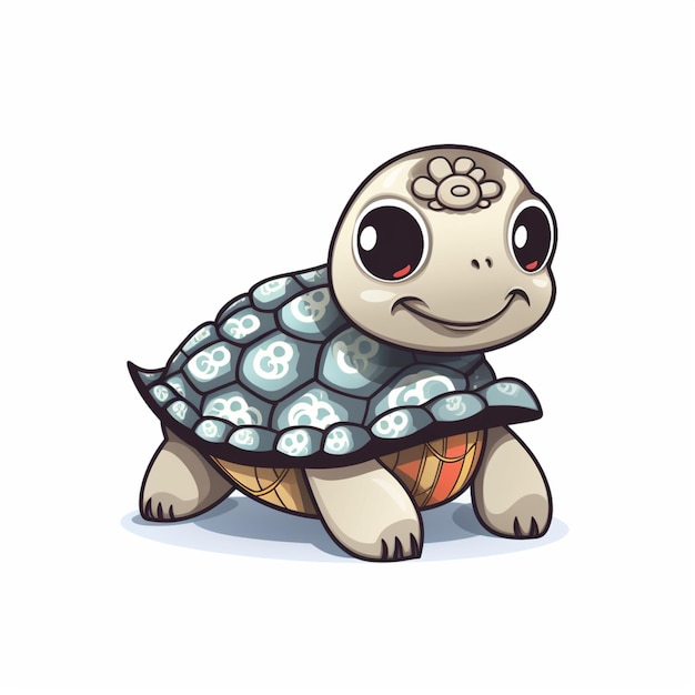 Tortuga de dibujos animados con un caparazón estampado azul y blanco en su espalda ai generativo