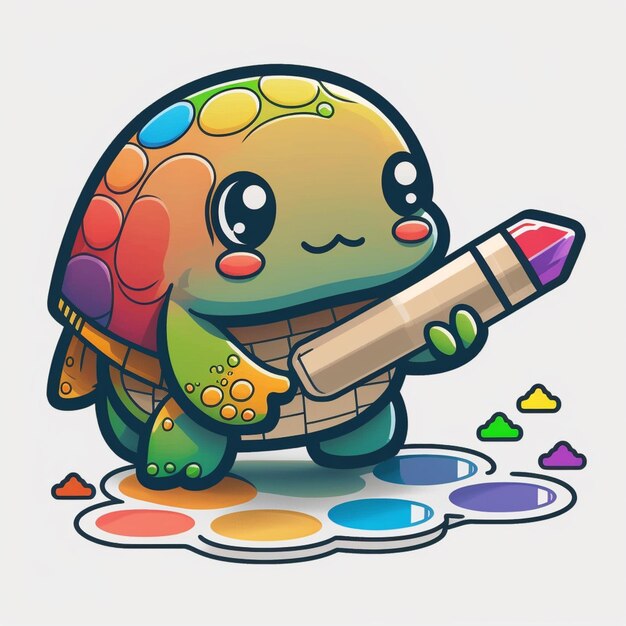 tortuga de dibujos animados con un pincel y una lata de pintura