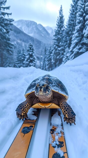 Tortuga de esquí en un país de las maravillas de invierno Tortuga en los senderos