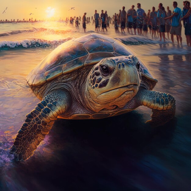 una tortuga está corriendo en el agua con la gente mirando