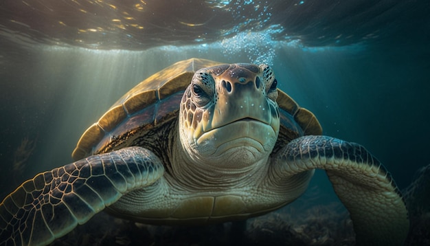 Una tortuga está nadando bajo el agua.